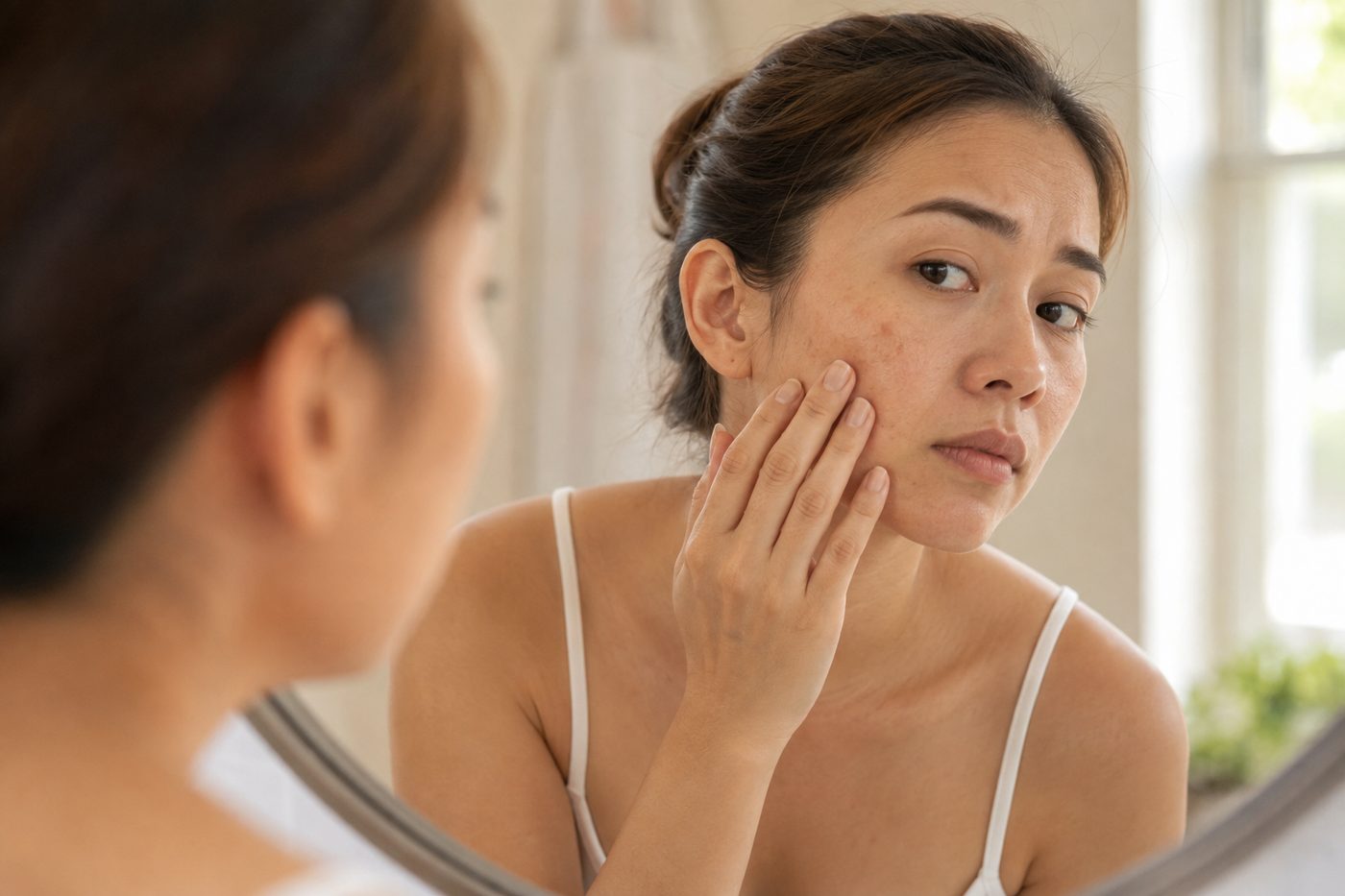 Woman examining her skin in a bright bathroom mirror